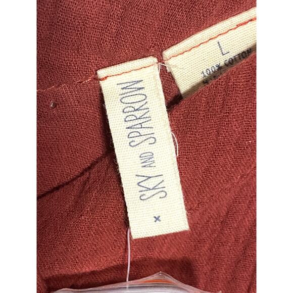 Sky And Sparrow Button Front Rust Midi Dress Crinkle Gauze L Boho Feminine Flowy - Picture 5 of 12